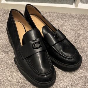 Coach Black Leather Penny Loafers with Signature 'C' Accent